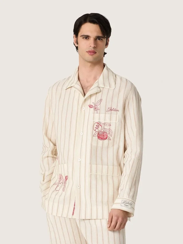 Unisex shirt in ecru and sand striped cotton and linen with embroidery