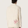 Unisex shirt in ecru and sand striped cotton and linen with embroidery