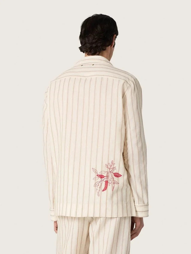 Unisex shirt in ecru and sand striped cotton and linen with embroidery