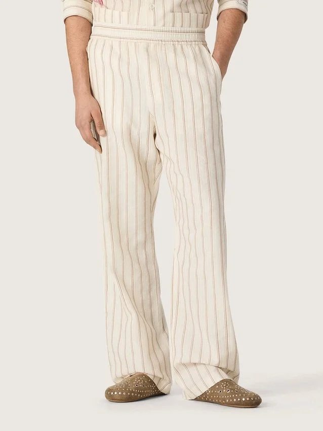 Unisex sweatpants in ecru and sand striped cotton and linen