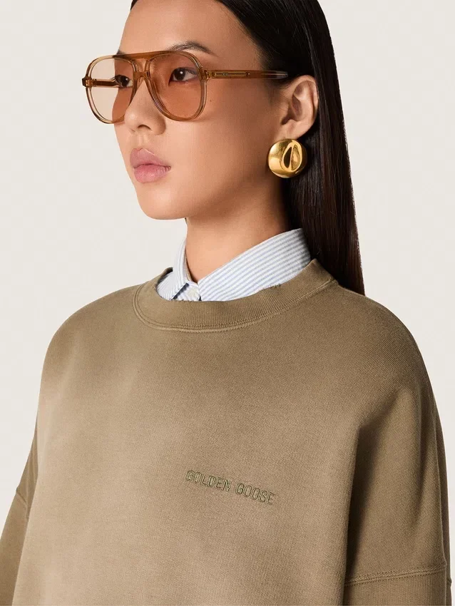 Unisex sweatshirt in military-green bleached-look cotton with embroidered logo