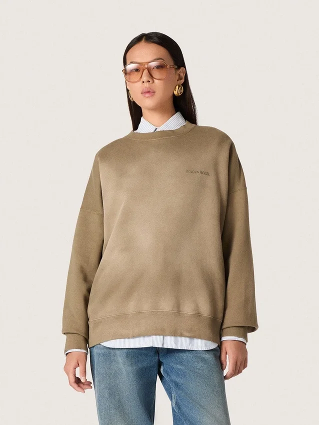 Unisex sweatshirt in military-green bleached-look cotton with embroidered logo