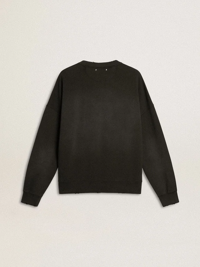 Unisex sweatshirt in worn black cotton with logo embroidery