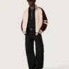 Unisex bomber jacket in white and burgundy jacquard knit