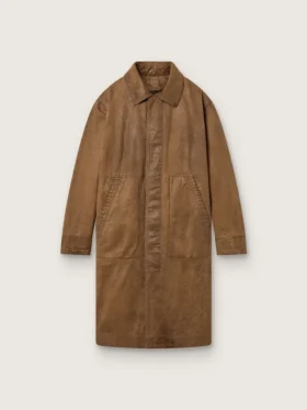Unisex trench coat in brown waxed twill with leather details