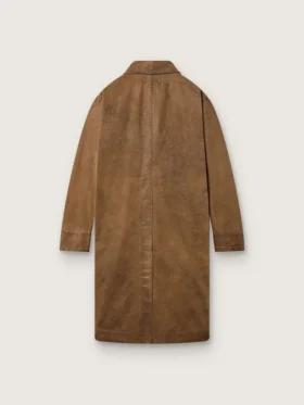 Unisex trench coat in brown waxed twill with leather details