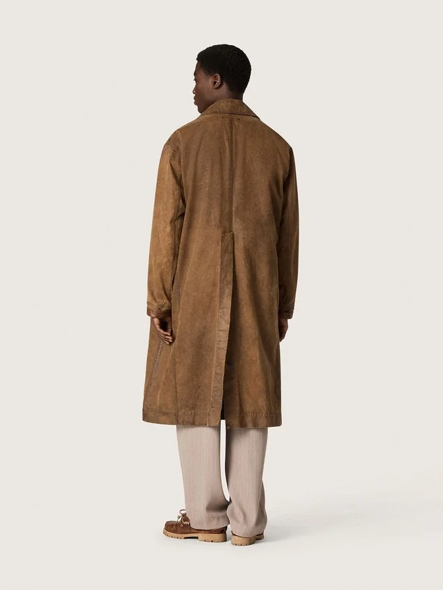 Unisex trench coat in brown waxed twill with leather details