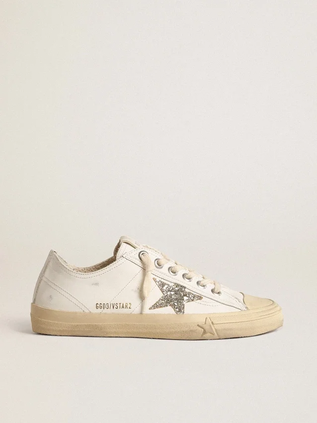 V-Star in white leather with a platinum glitter star