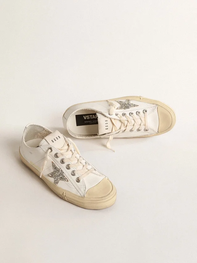 V-Star in white leather with a platinum glitter star