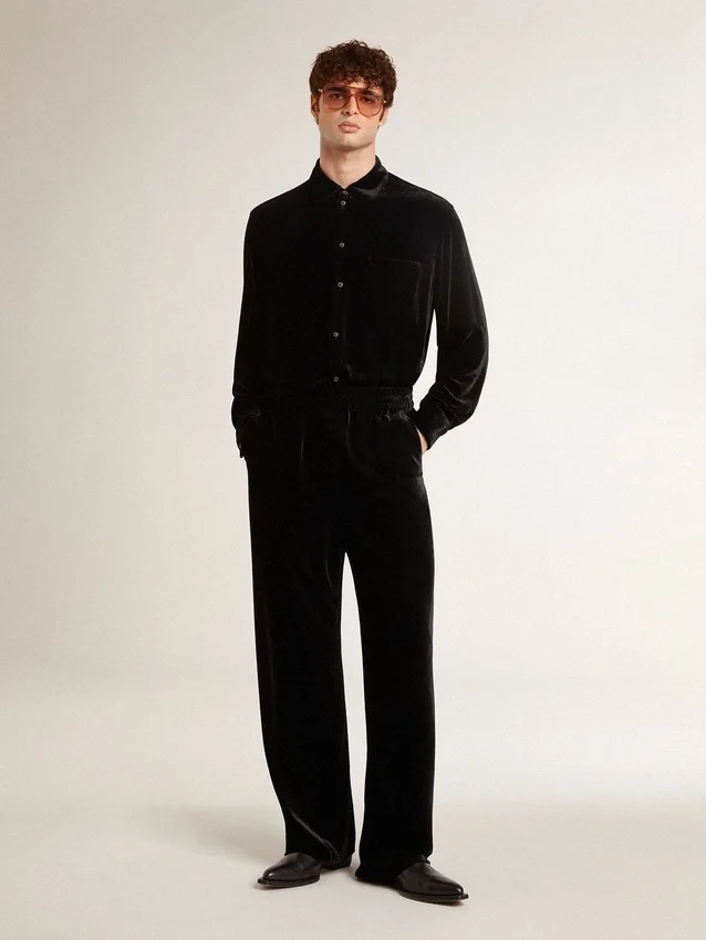 Velvet-effect black shirt with embroidery