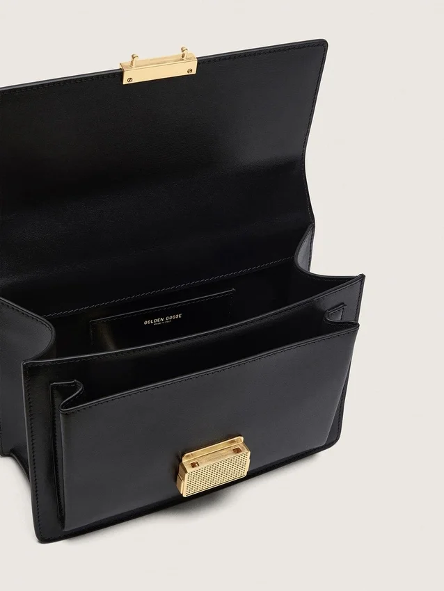 Venezia Bag in black boarded leather with gold details