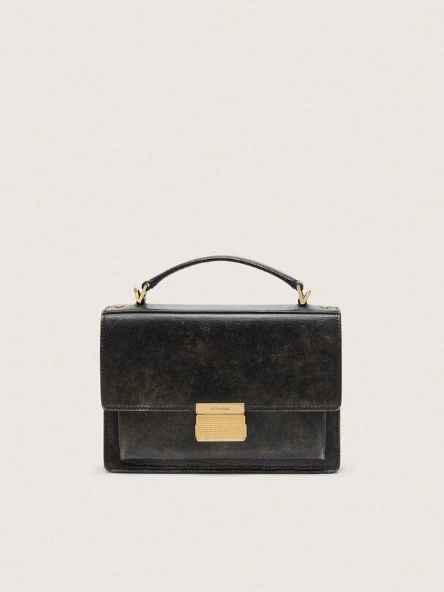 Venezia Bag in black distressed leather with gold details