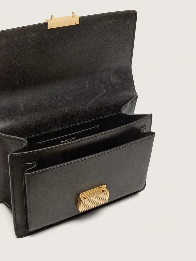 Venezia Bag in black distressed leather with gold details