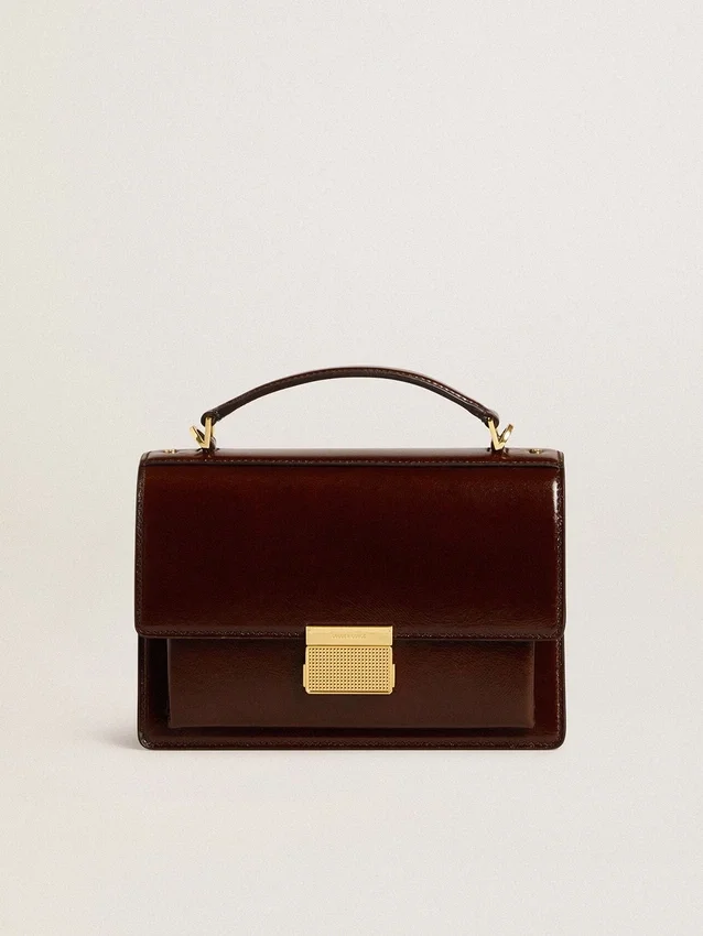 Venezia Bag in dark brown laminated leather with gold details