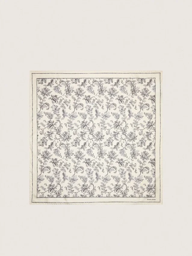 Vintage white silk scarf with black floral pattern
