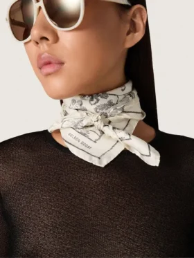 Vintage white silk scarf with black floral pattern