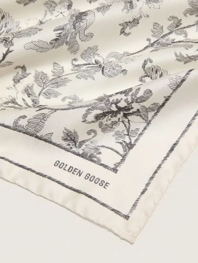 Vintage white silk scarf with black floral pattern