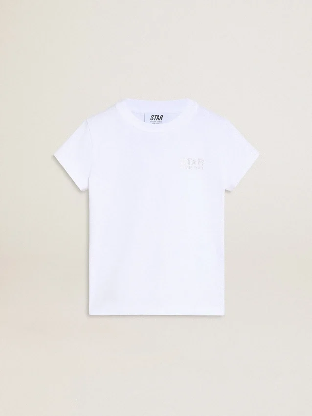 White and silver T-shirt with logo and maxi star in silver glitter