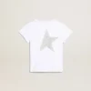 White and silver T-shirt with logo and maxi star in silver glitter