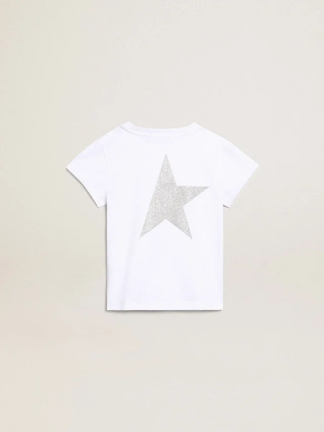 White and silver T-shirt with logo and maxi star in silver glitter