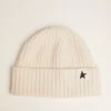 White wool beanie with black star
