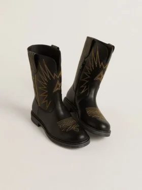 Wish Junior boots in black leather with yellow star embroidery