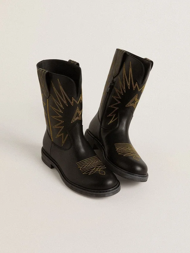 Wish Junior boots in black leather with yellow star embroidery