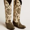 Wish Star boots in black and white leather with inlay rose and star