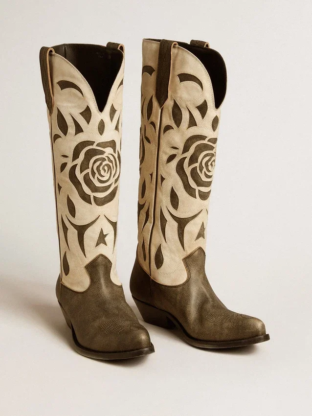 Wish Star boots in black and white leather with inlay rose and star