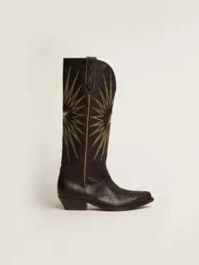 Wish Star boots in black leather with platinum laminated leather inlay star