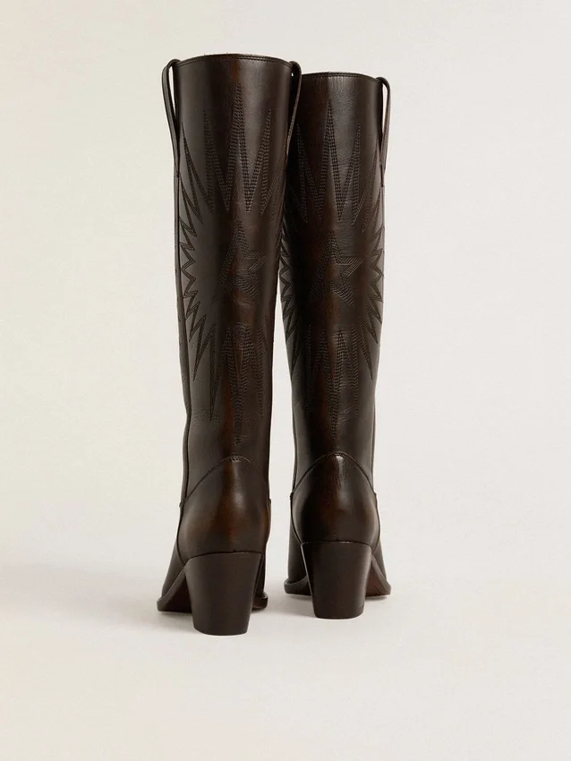 Wish Star boots in dark brown leather with tone-on-tone embroidered star