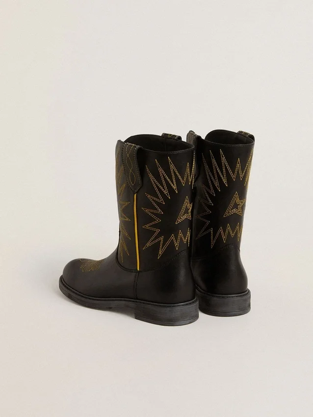 Wish Young boots in black leather with yellow star embroidery