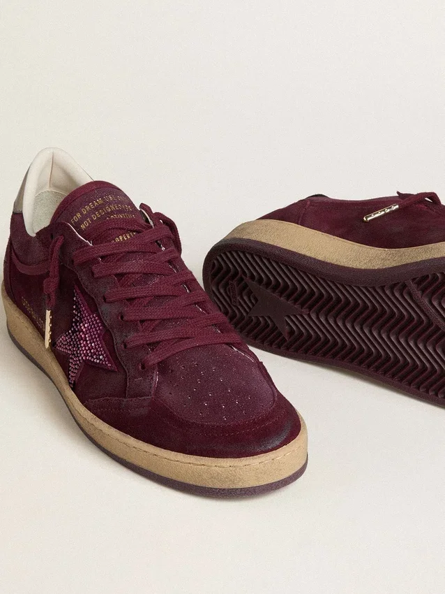 Women's Ball Star in burgundy suede with crystal star and metallic leather heel tab