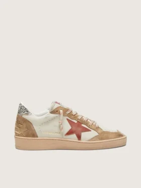 Women’s Ball Star in cream leather with brick-red leather star and suede inserts