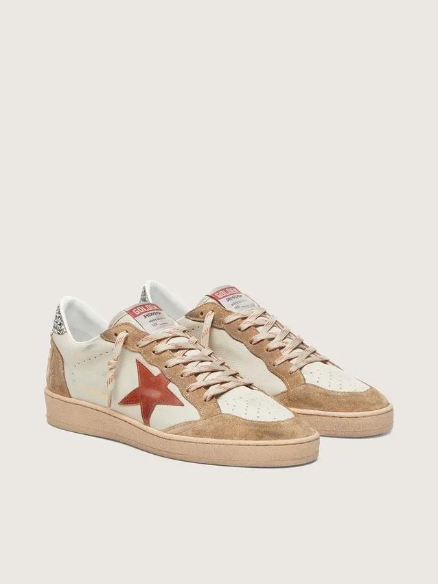 Women’s Ball Star in cream leather with brick-red leather star and suede inserts