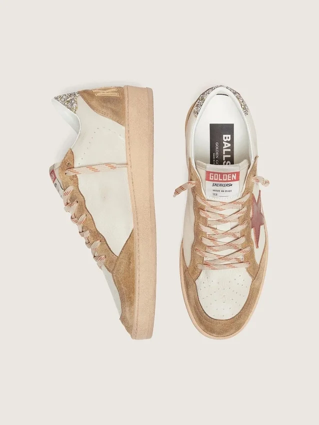 Women’s Ball Star in cream leather with brick-red leather star and suede inserts