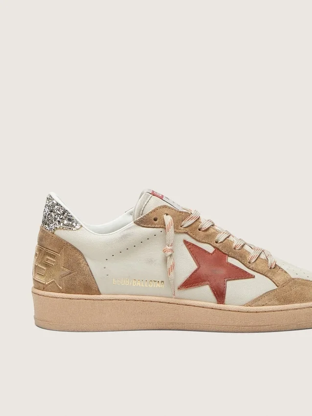 Women’s Ball Star in cream leather with brick-red leather star and suede inserts