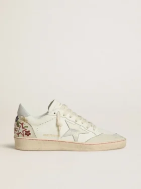 Women’s Ball Star in leather with platinum suede star and multicolor floral embroidery
