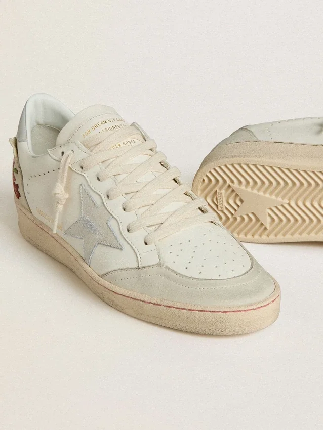 Women’s Ball Star in leather with platinum suede star and multicolor floral embroidery