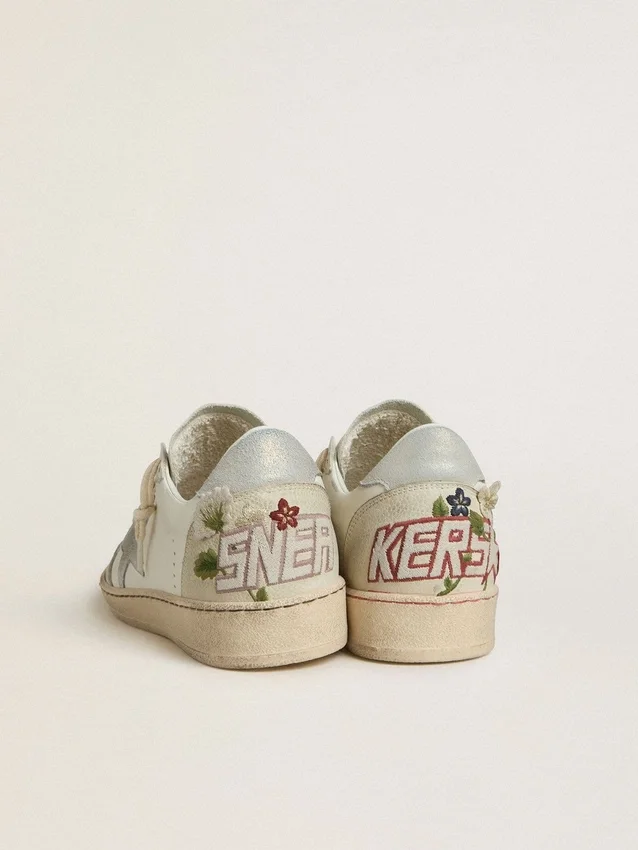 Women’s Ball Star in leather with platinum suede star and multicolor floral embroidery
