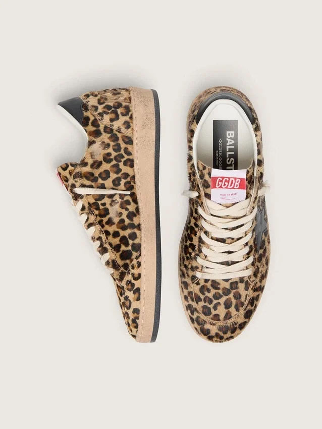 Women's Ball Star in leo-print pony skin, black leather star & heel tab
