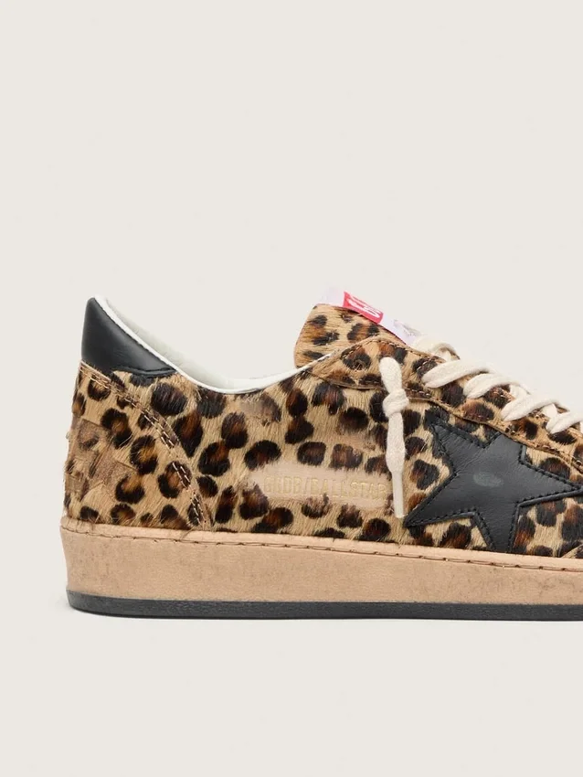 Women's Ball Star in leo-print pony skin, black leather star & heel tab