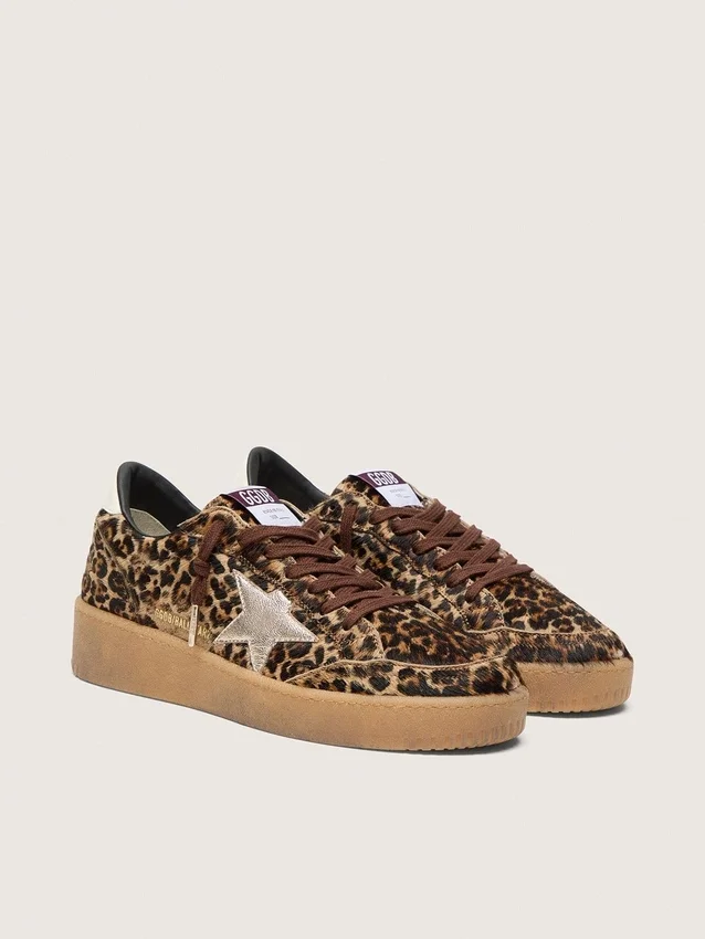 Women's Ball Star in leopard-print pony skin with platinum leather star and white leather heel tab