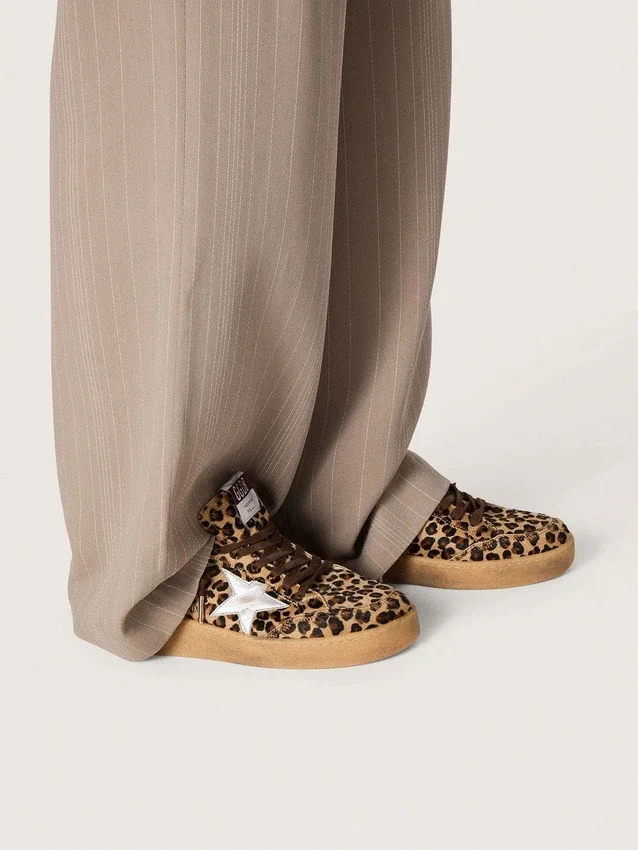 Women's Ball Star in leopard-print pony skin with platinum leather star and white leather heel tab