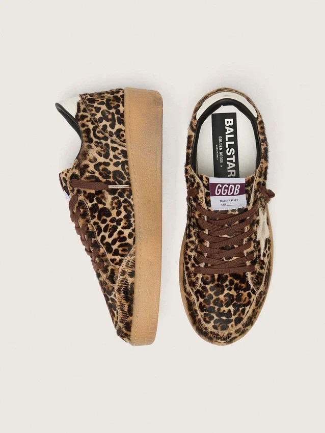 Women's Ball Star in leopard-print pony skin with platinum leather star and white leather heel tab