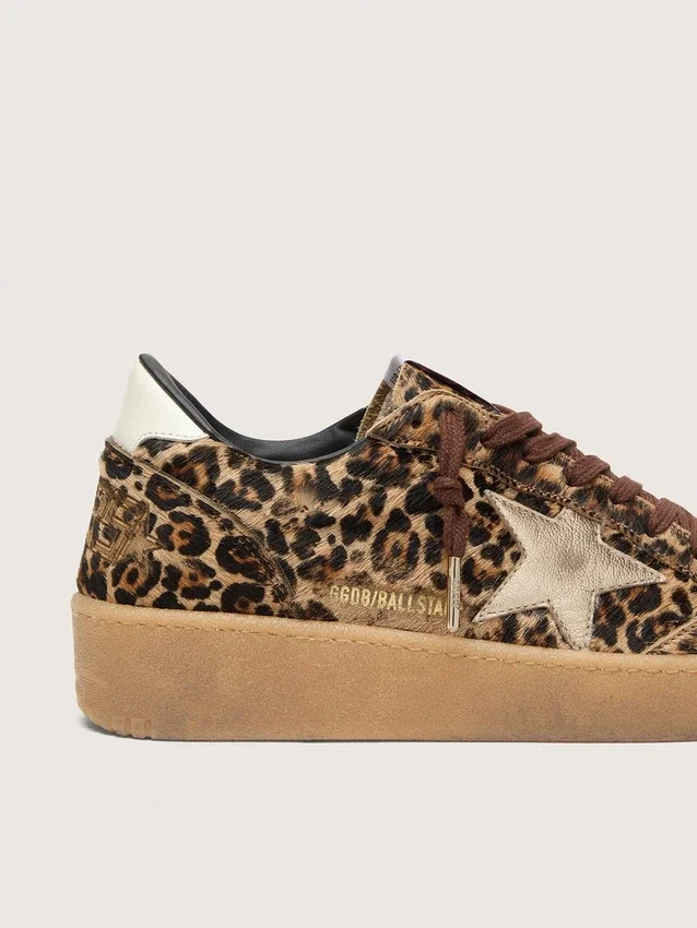 Women's Ball Star in leopard-print pony skin with platinum leather star and white leather heel tab