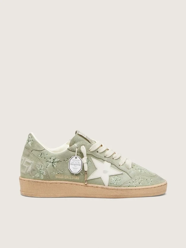 Women’s Ball Star in sage-green suede with white leather star and tone-on-tone Swarovski floral embroidery