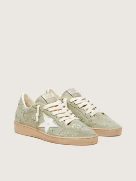 Women’s Ball Star in sage-green suede with white leather star and tone-on-tone Swarovski floral embroidery