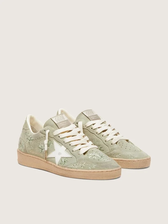 Women’s Ball Star in sage-green suede with white leather star and tone-on-tone Swarovski floral embroidery