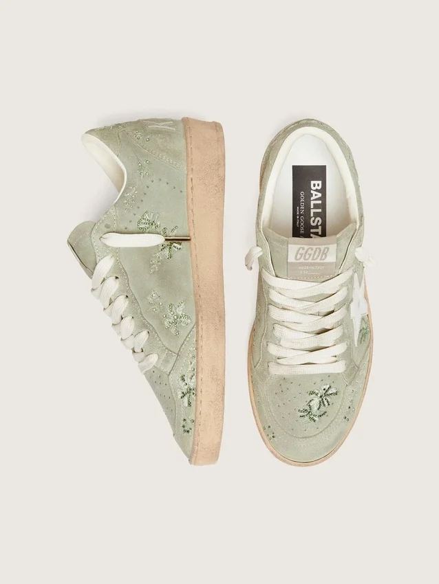 Women’s Ball Star in sage-green suede with white leather star and tone-on-tone Swarovski floral embroidery